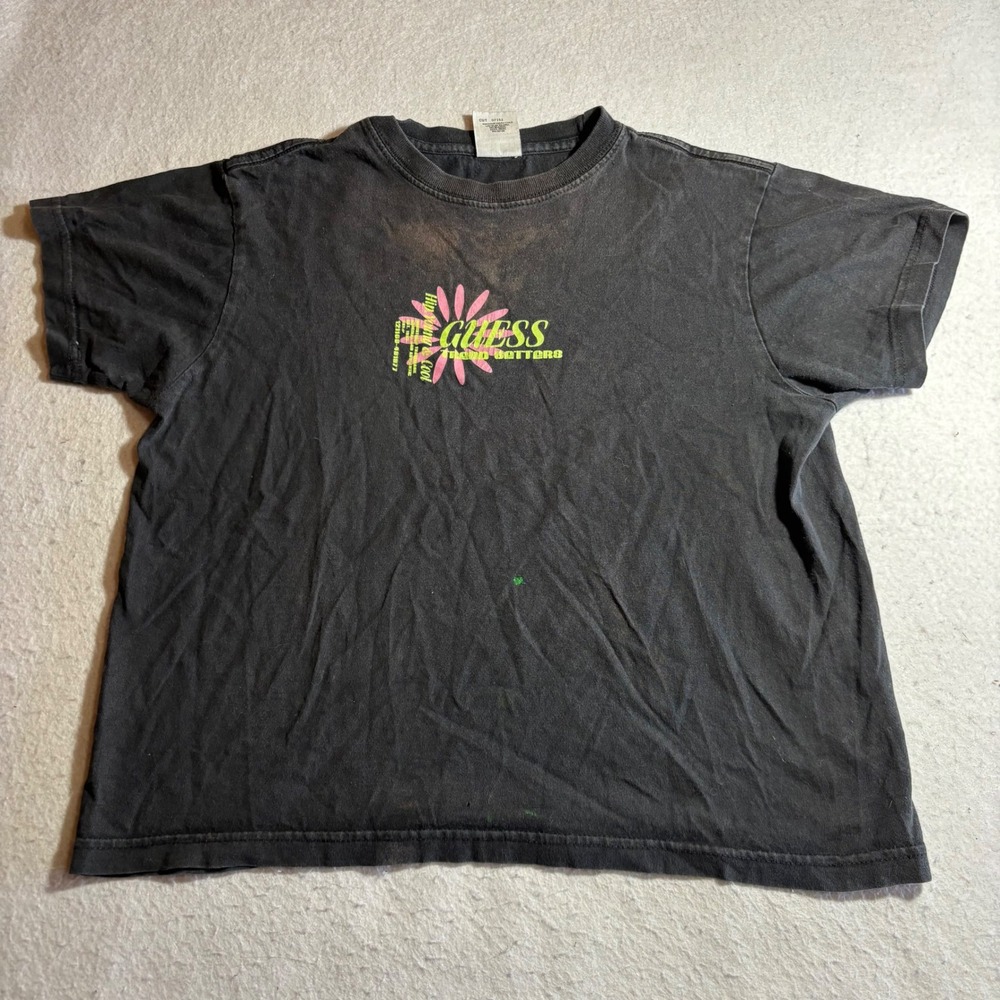 Vintage Guess USA American Tradition‎ T Shirt Black Graphic Print Flower Logo M